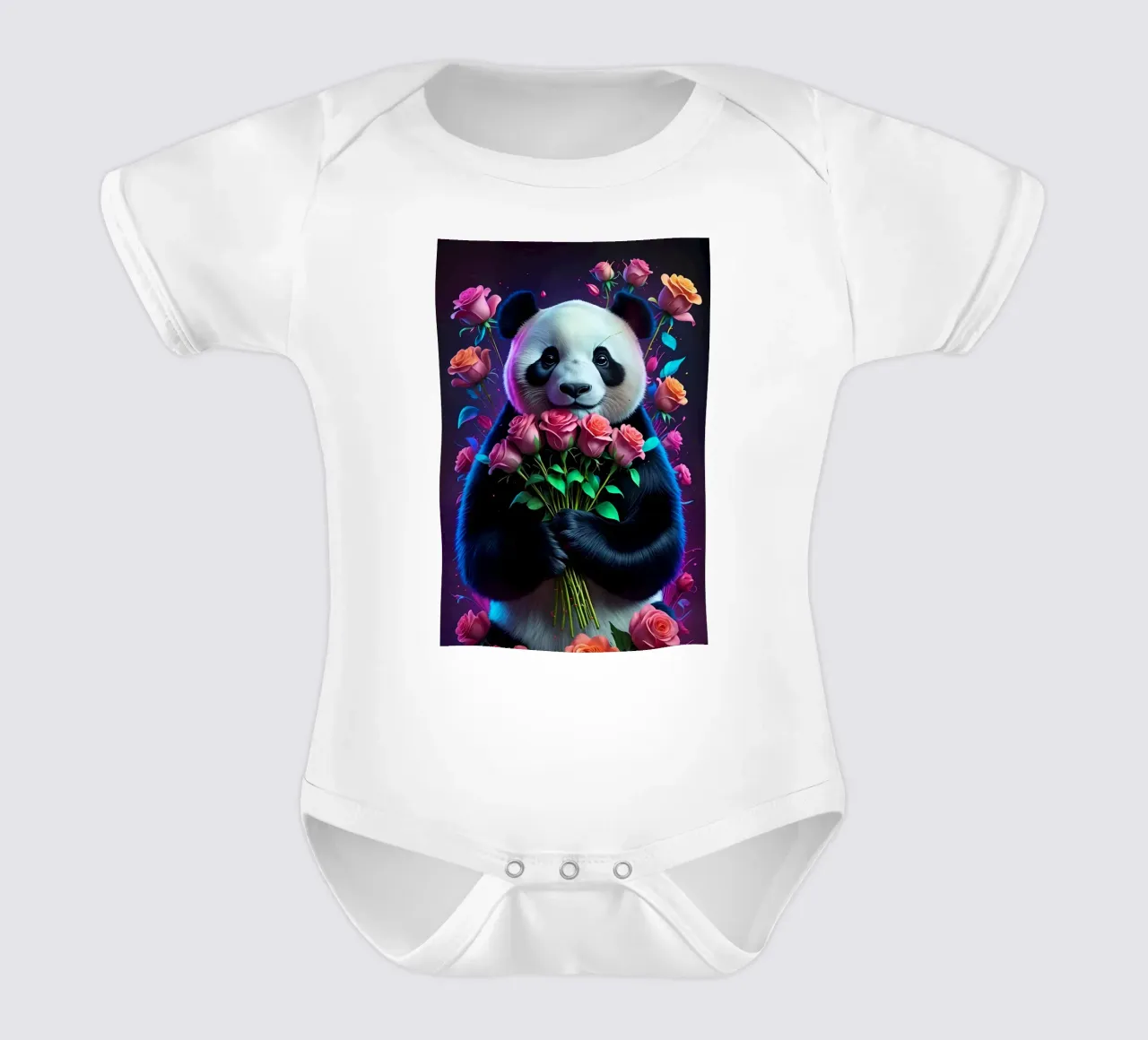 Panda with roses short-sleeve baby romper by MakArena
