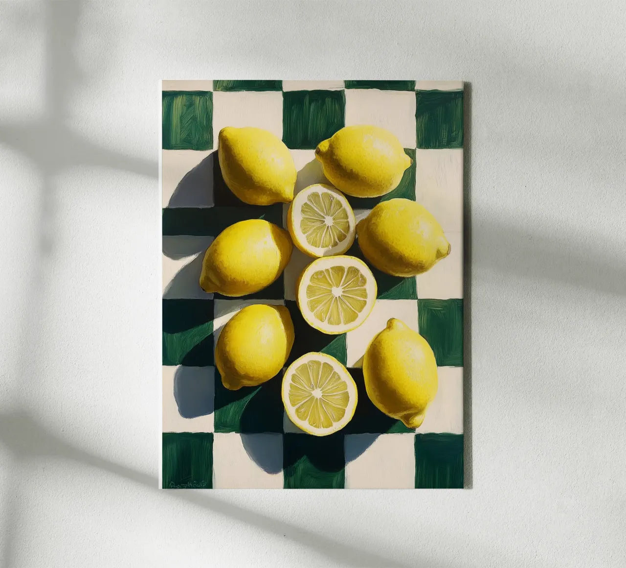 Lemons on a checkerboard canvas with Floater frame by Spice & Style