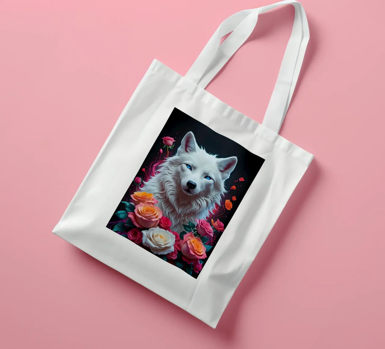 Lupo bianco con rose borsa in juta da MakArena