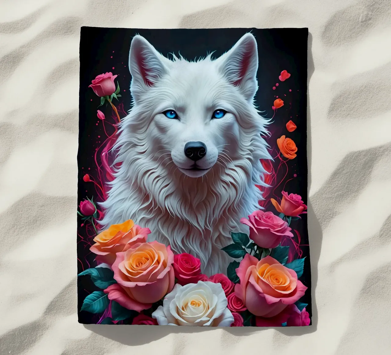 Lupo bianco con rose telo mare da MakArena