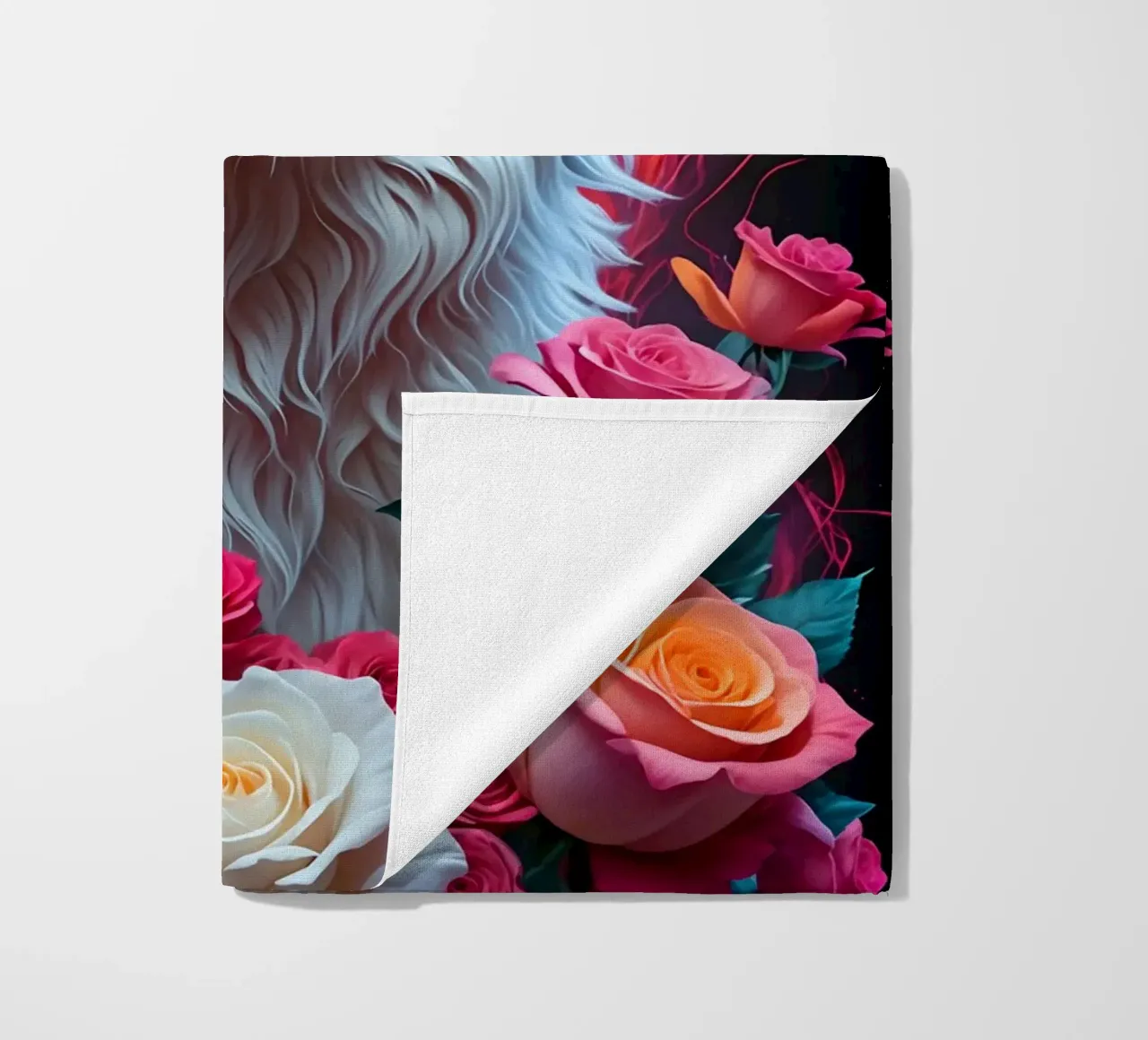 Lupo bianco con rose telo mare da MakArena