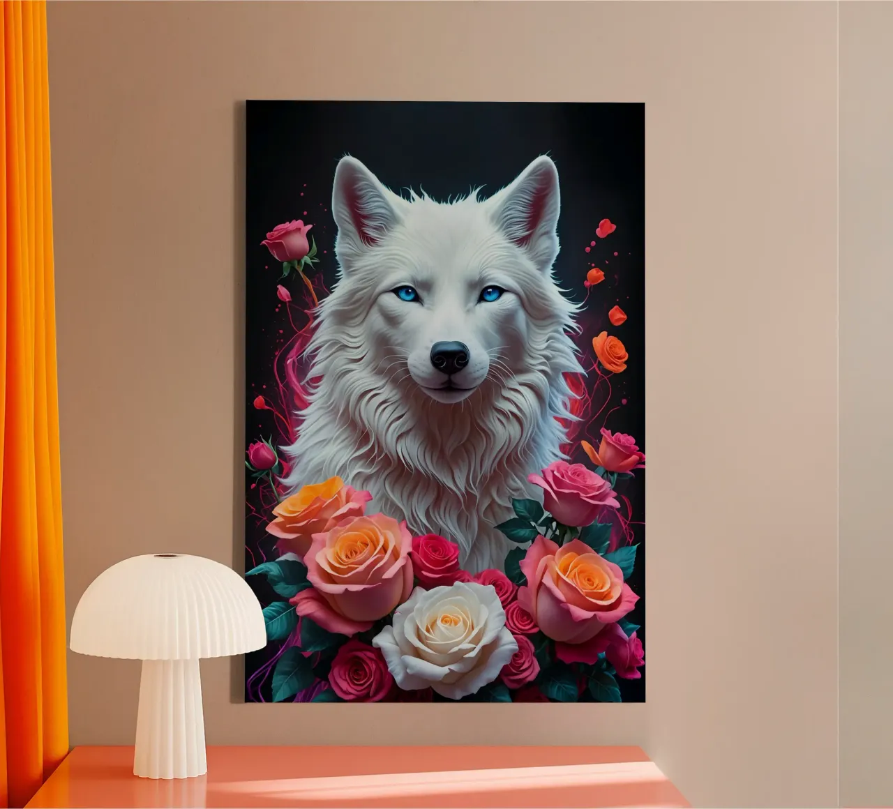 Loup blanc avec des roses toile de MakArena
