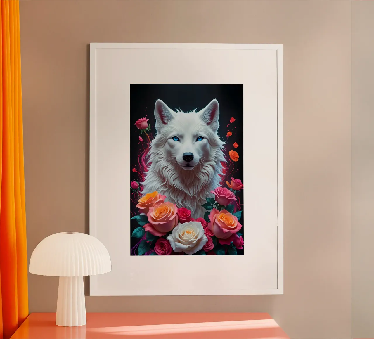 Lupo bianco con rose carta hahnemühle da MakArena