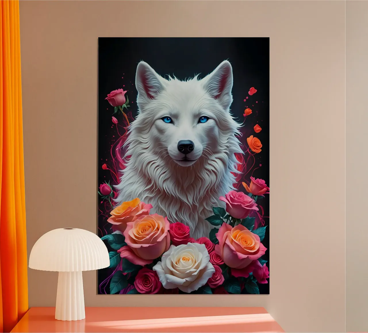 Lupo bianco con rose carta hahnemühle da MakArena