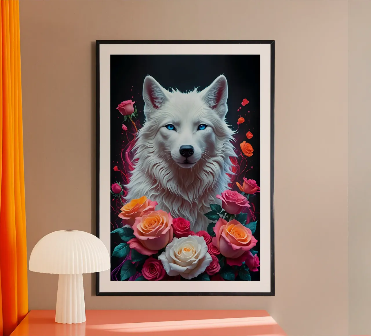 Lupo bianco con rose carta hahnemühle da MakArena