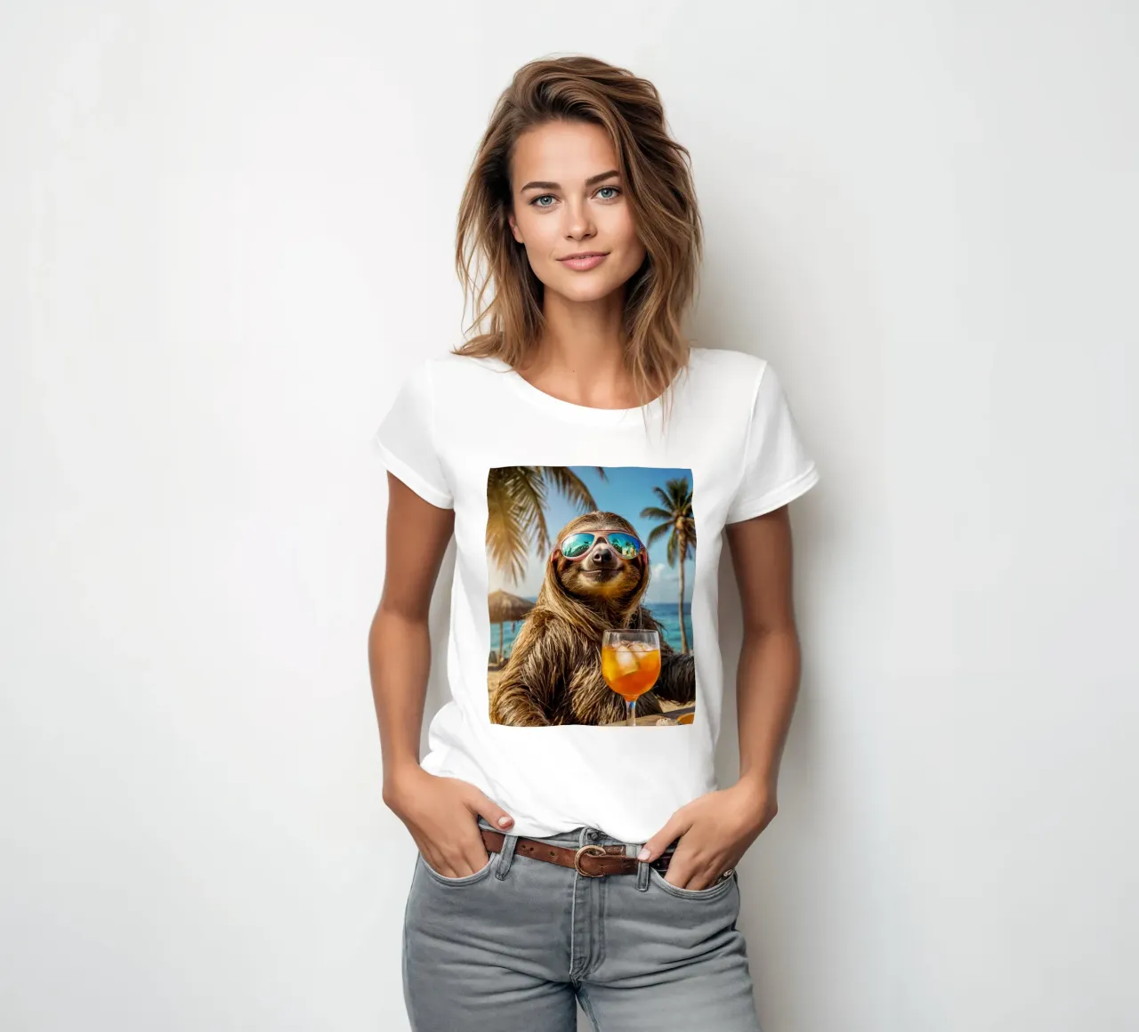 Sloth in the beach bar with a cocktail women's fitted t-shirt by SlothStella