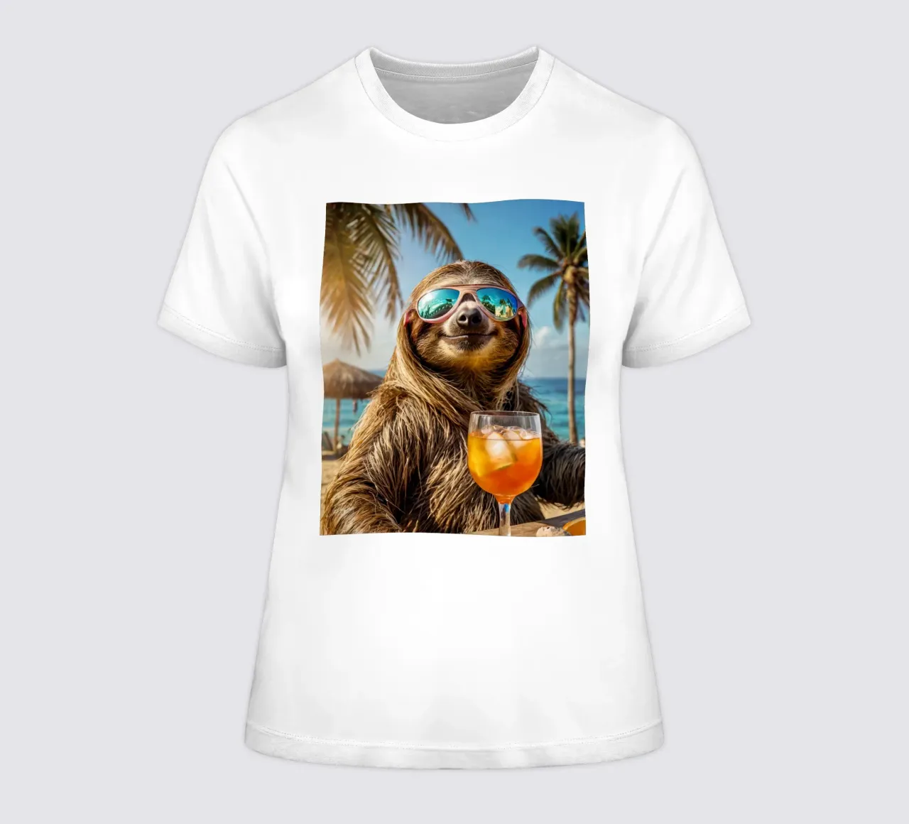 Sloth in the beach bar with a cocktail women's fitted t-shirt by SlothStella