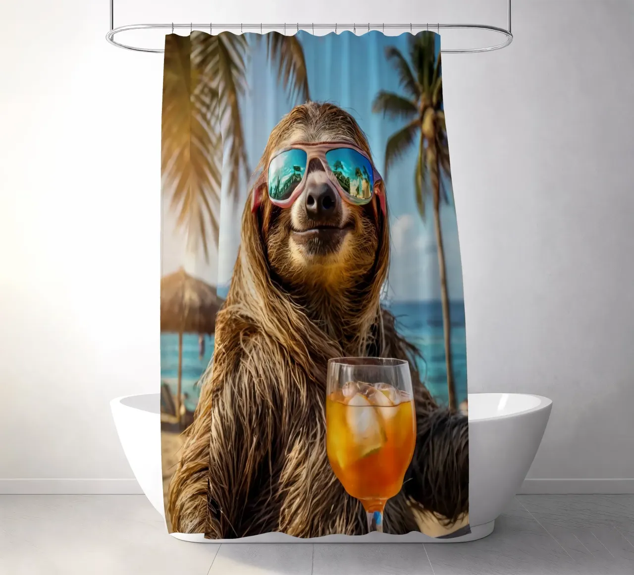 Bradipo al bar della spiaggia con un cocktail tenda da doccia da SlothStella