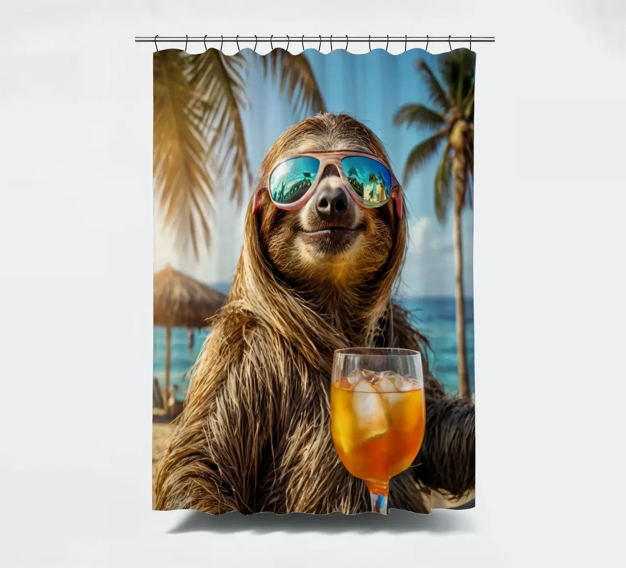 Bradipo al bar della spiaggia con un cocktail tenda da doccia da SlothStella