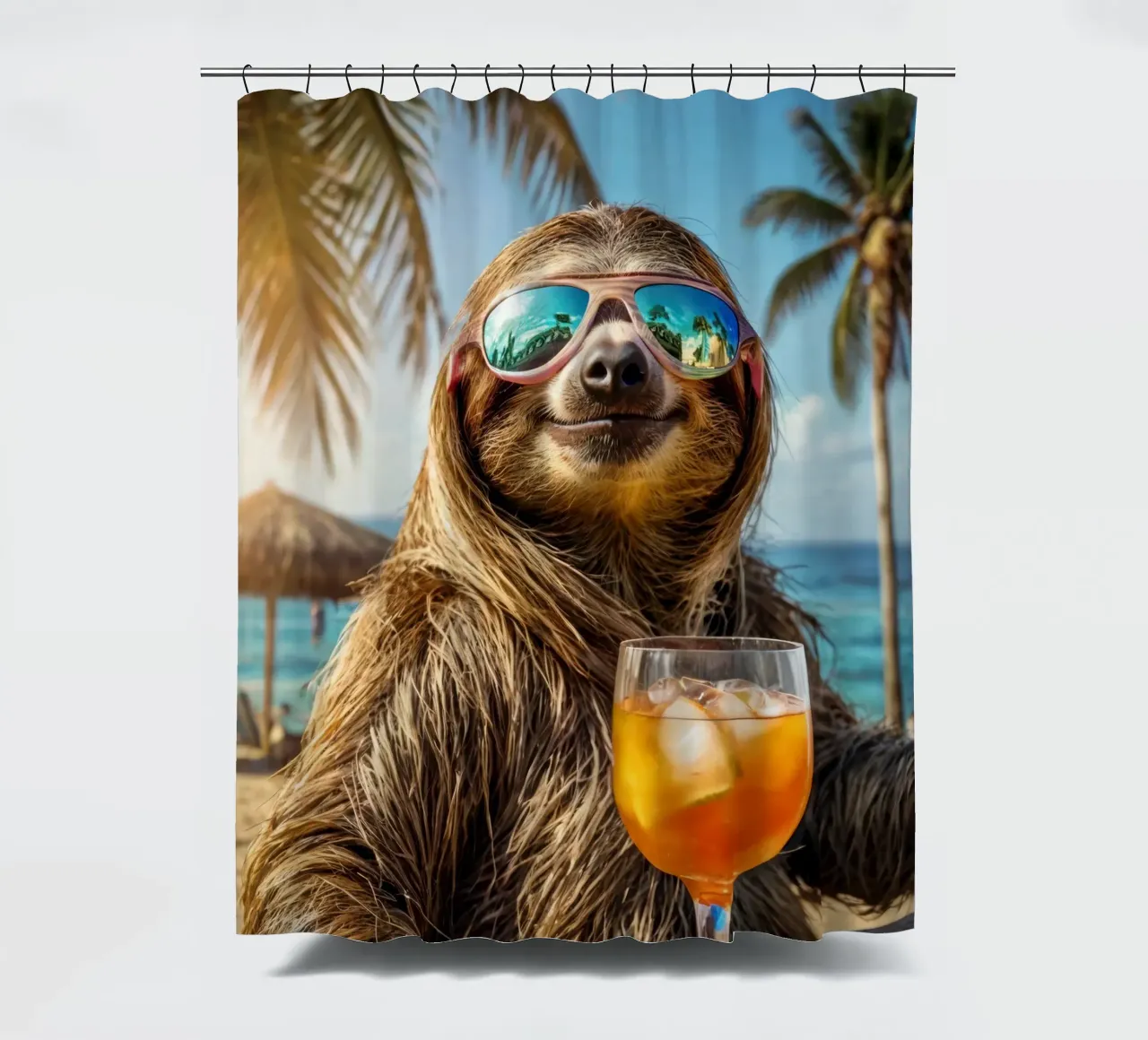 Bradipo al bar della spiaggia con un cocktail tenda da doccia da SlothStella