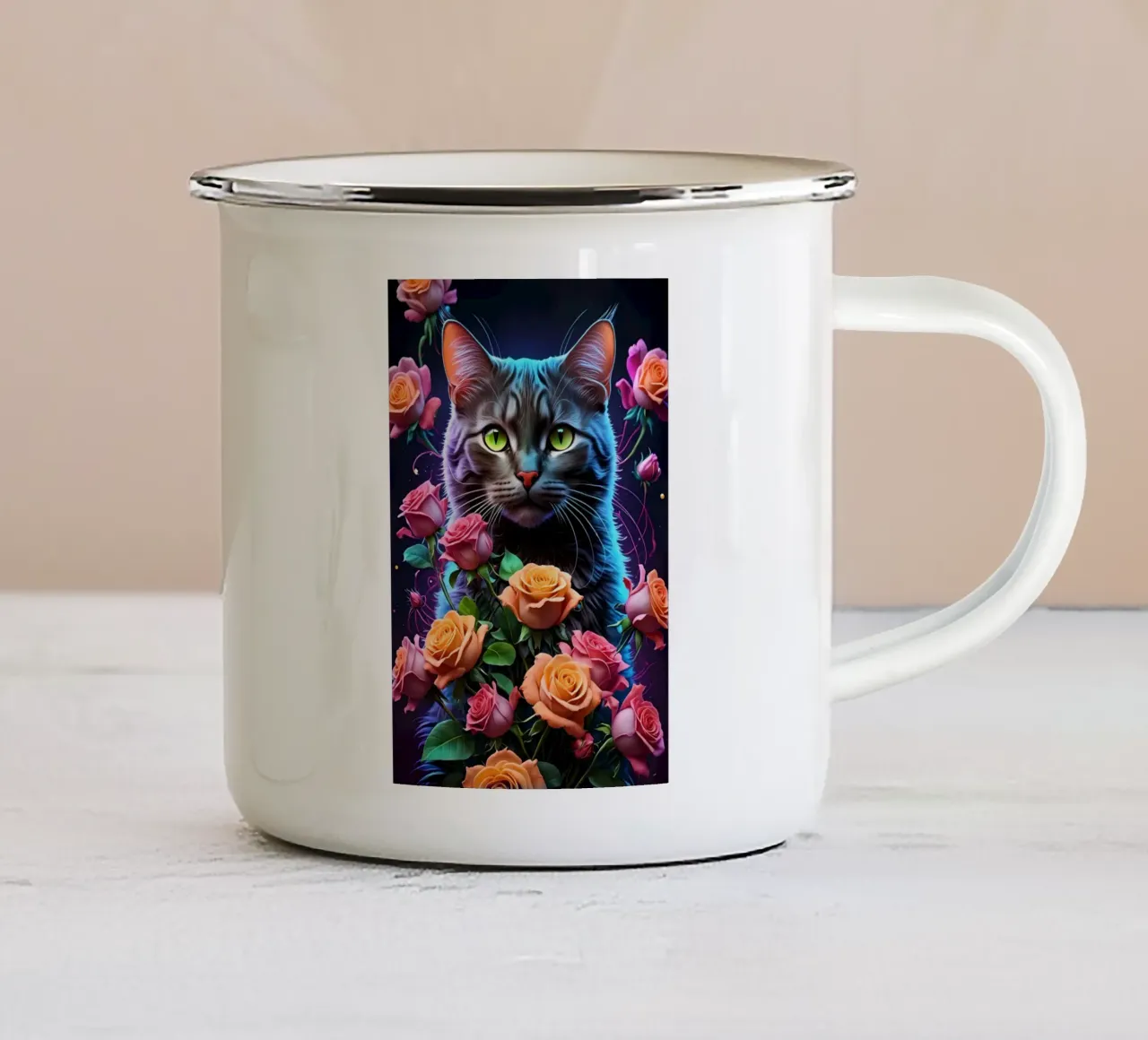 Gatto con rose tazza in smalto da MakArena