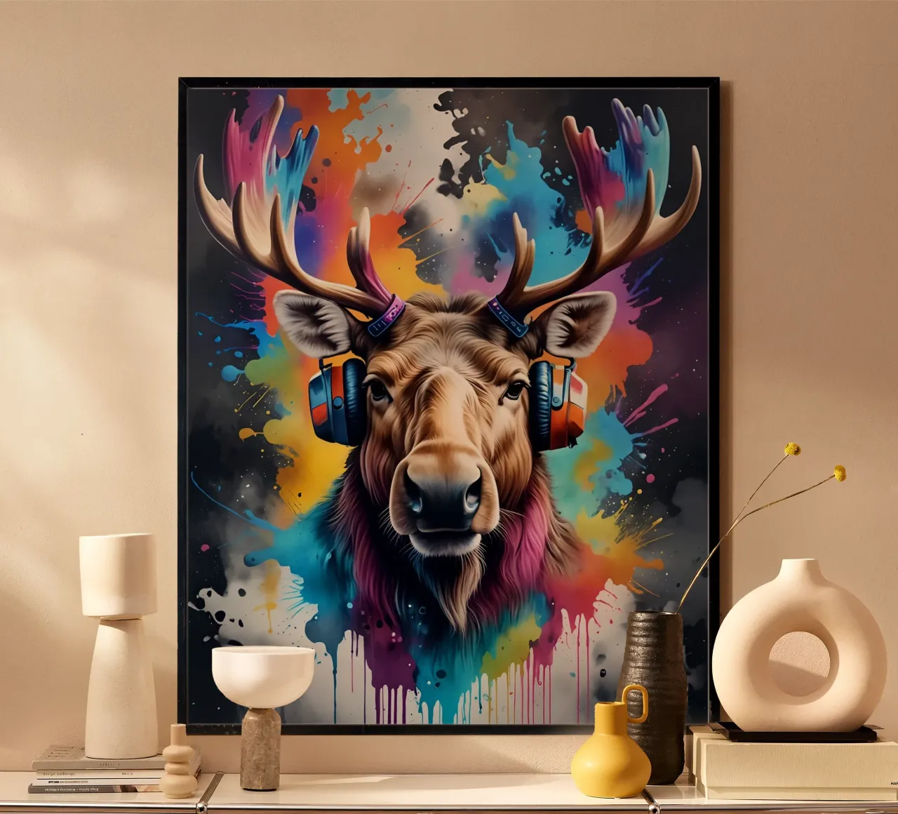 Alce in cuffia poster con telaio in legno da MakArena