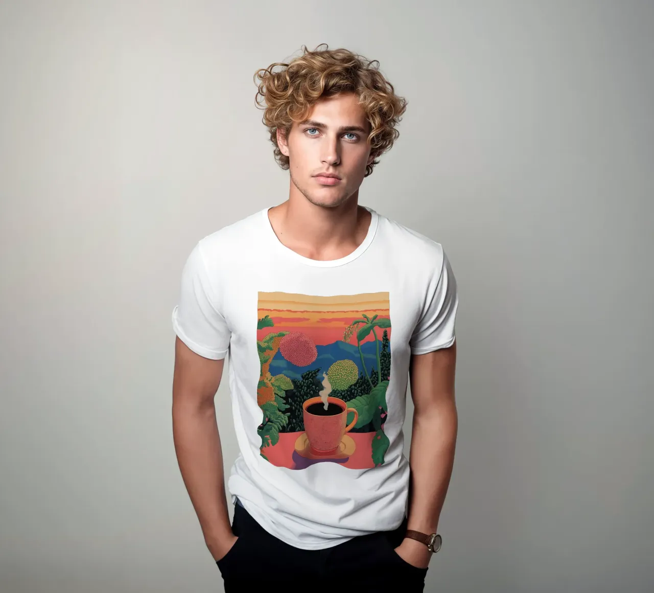 Caffè e fuga nella giungla | Elegante foresta tropicale botanica t-shirt da Kaji