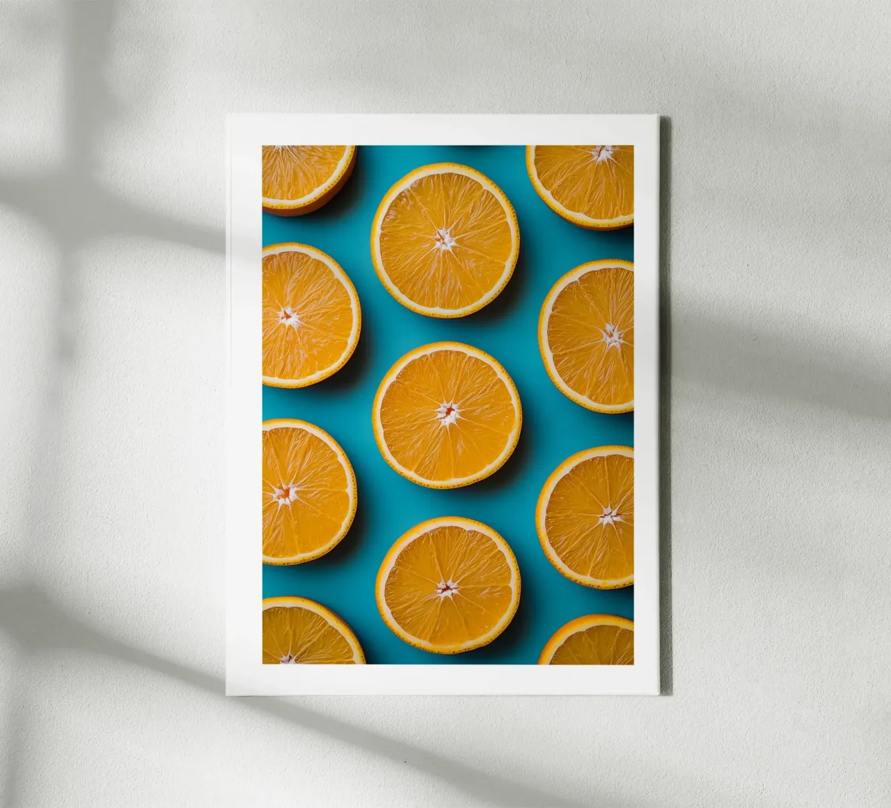Sliced oranges on a blue background canvas with Floater frame by Spice & Style
