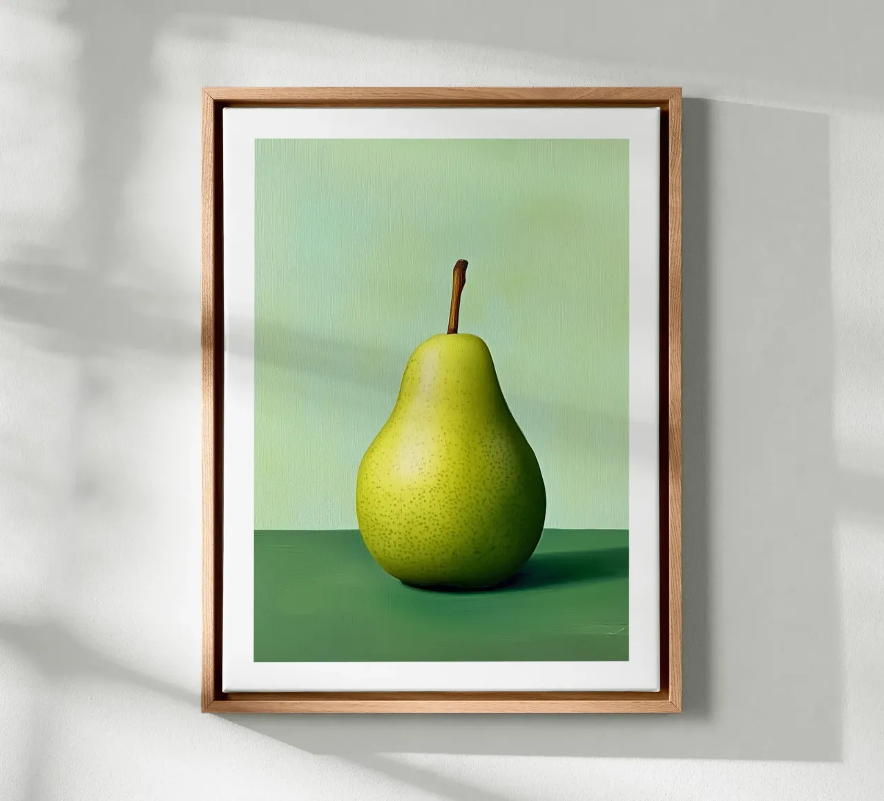 Minimalist pear on a pastel green background canvas with Floater frame by Spice & Style