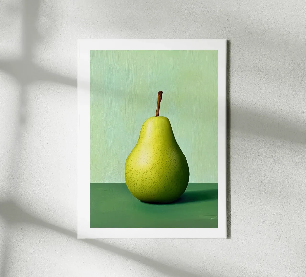 Minimalist pear on a pastel green background canvas with Floater frame by Spice & Style