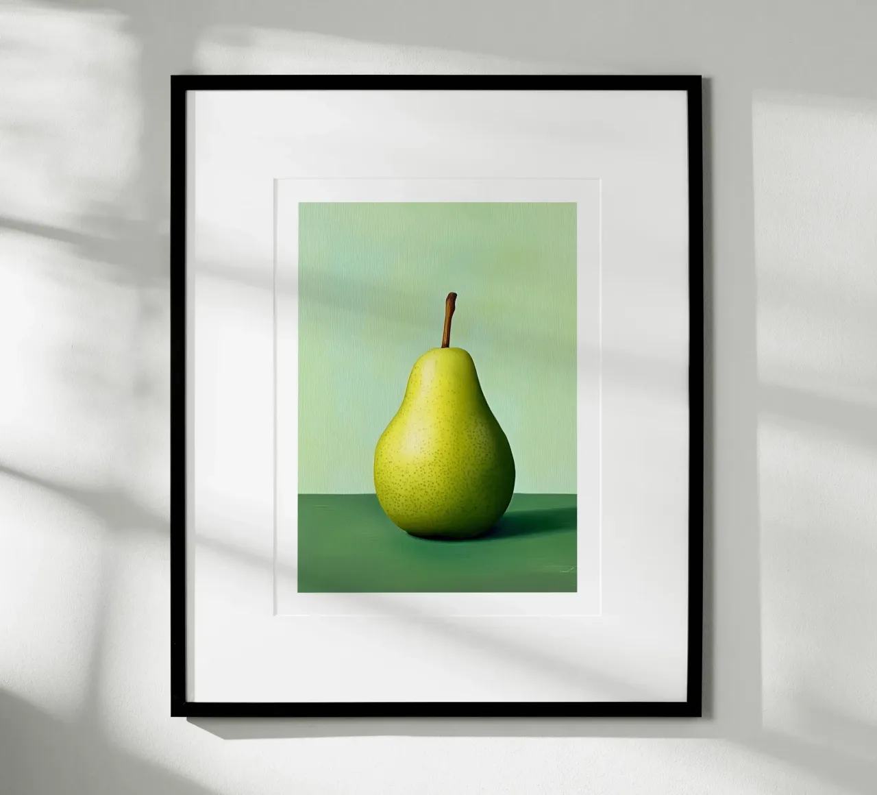 Minimalist pear on a pastel green background poster with wooden frame by Spice & Style
