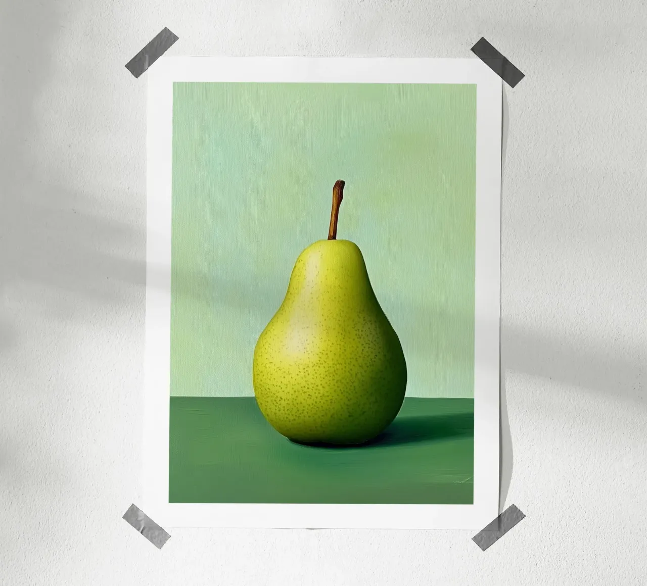 Minimalist pear on a pastel green background poster with wooden frame by Spice & Style