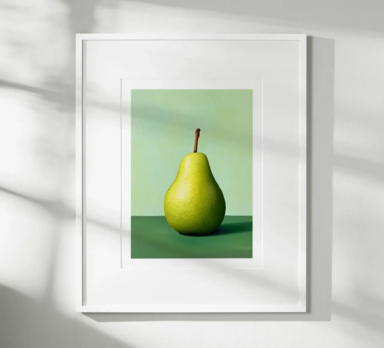 Minimalist pear on a pastel green background poster with wooden frame by Spice & Style