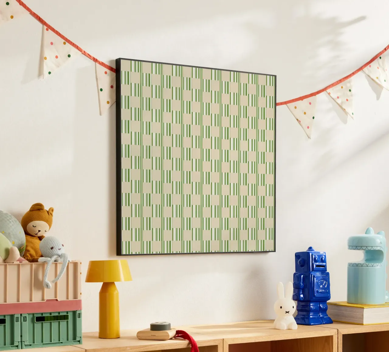 Quadri e righe in verde e beige alluminio dibond da Little Dean