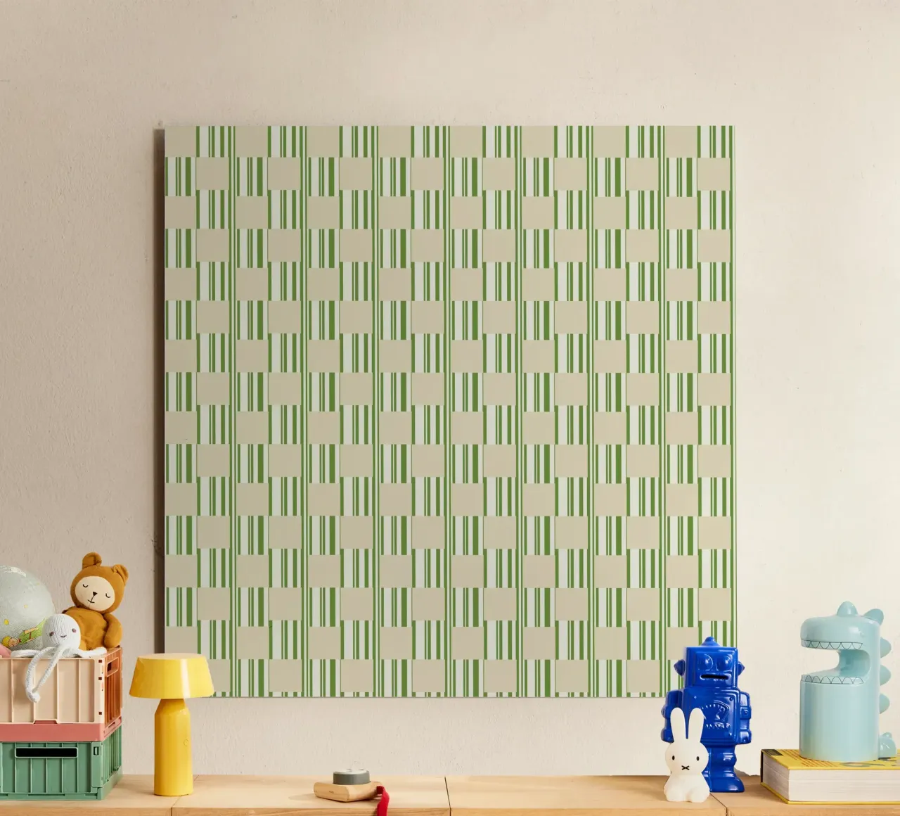 Quadri e righe in verde e beige alluminio dibond da Little Dean