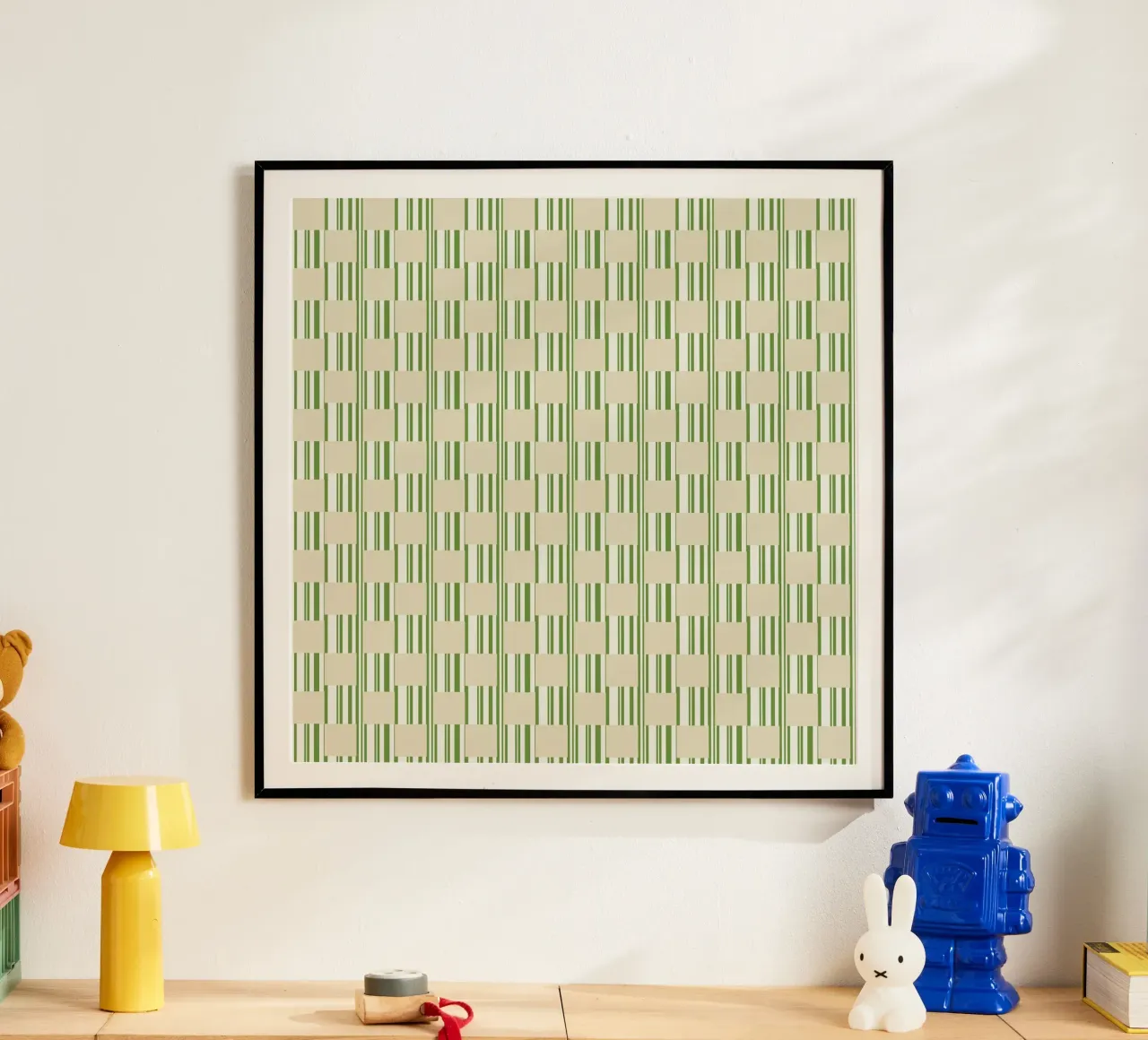 Quadri e righe in verde e beige carta hahnemühle da Little Dean