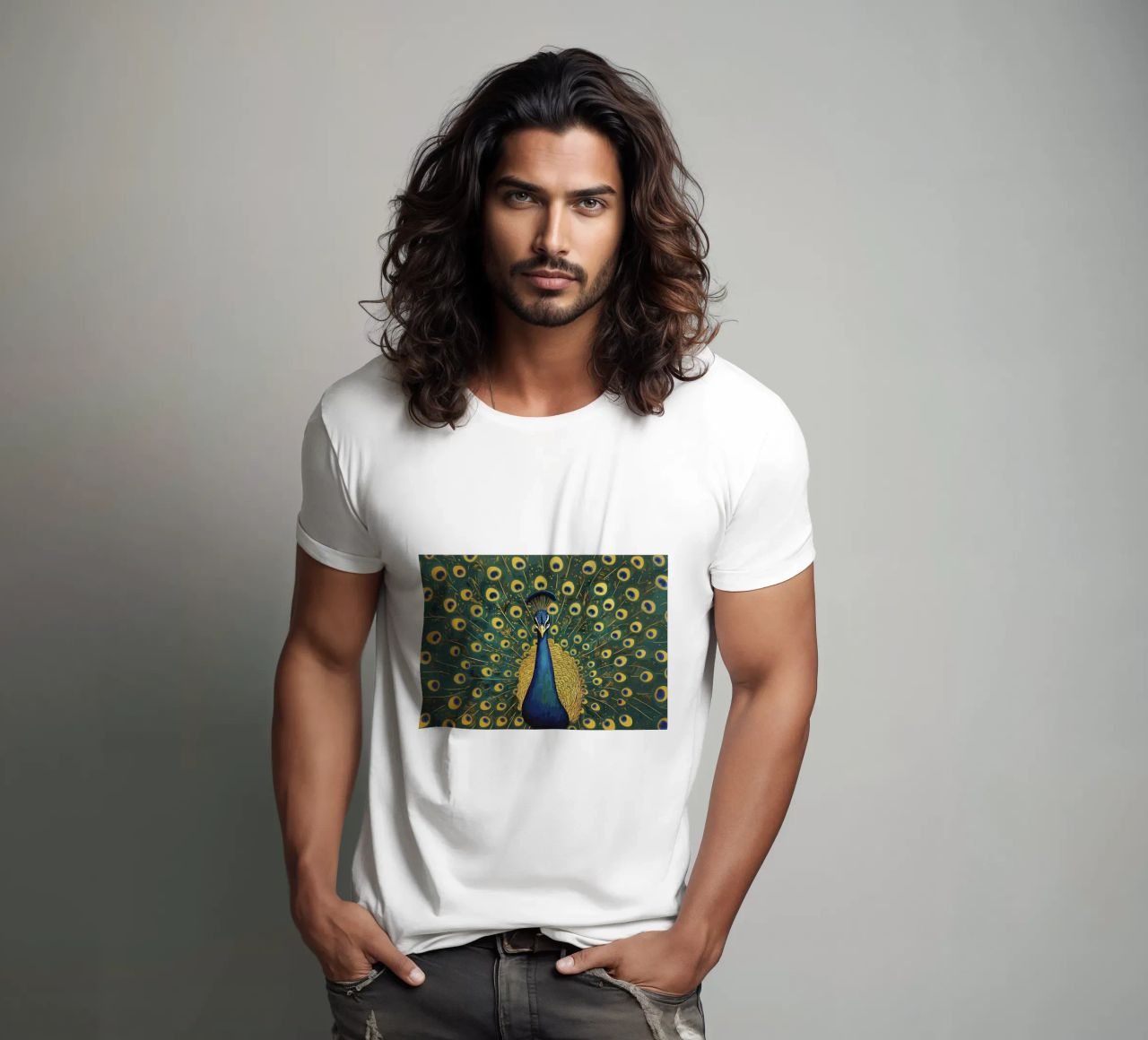 Peacock with Spread Feathers t-shirt by Caeson