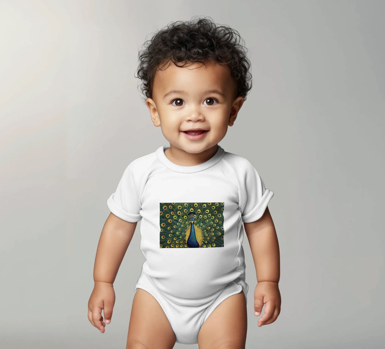 Peacock with Spread Feathers short-sleeve baby romper by Caeson