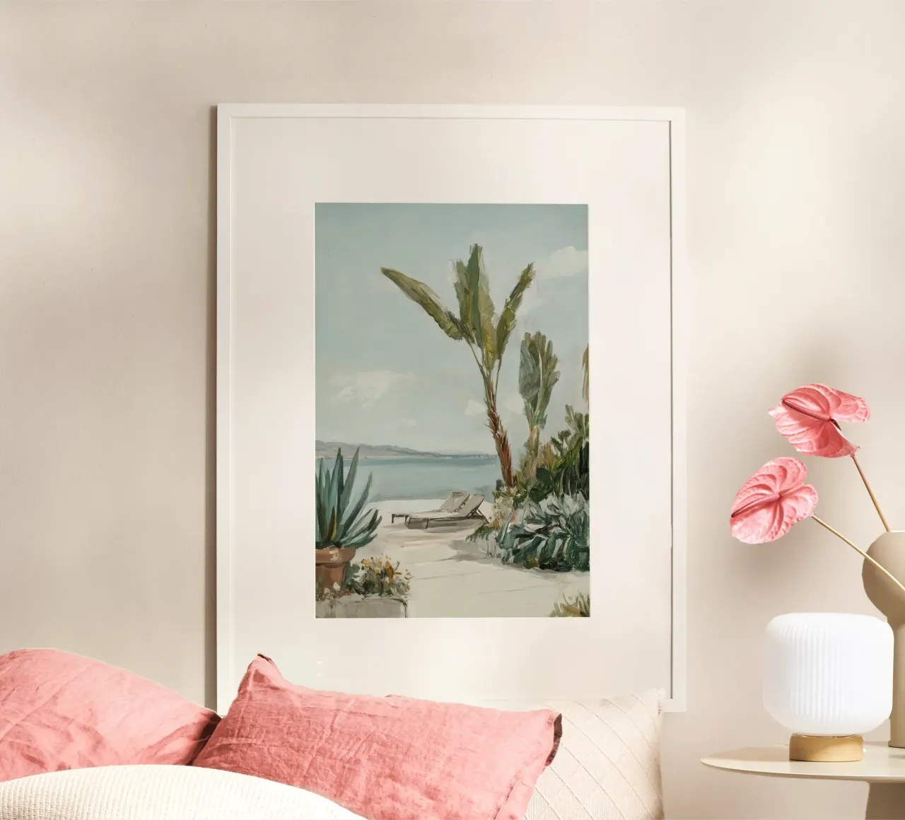 Momenti di vacanza sotto una palma poster con telaio in plastica da Carinaprint