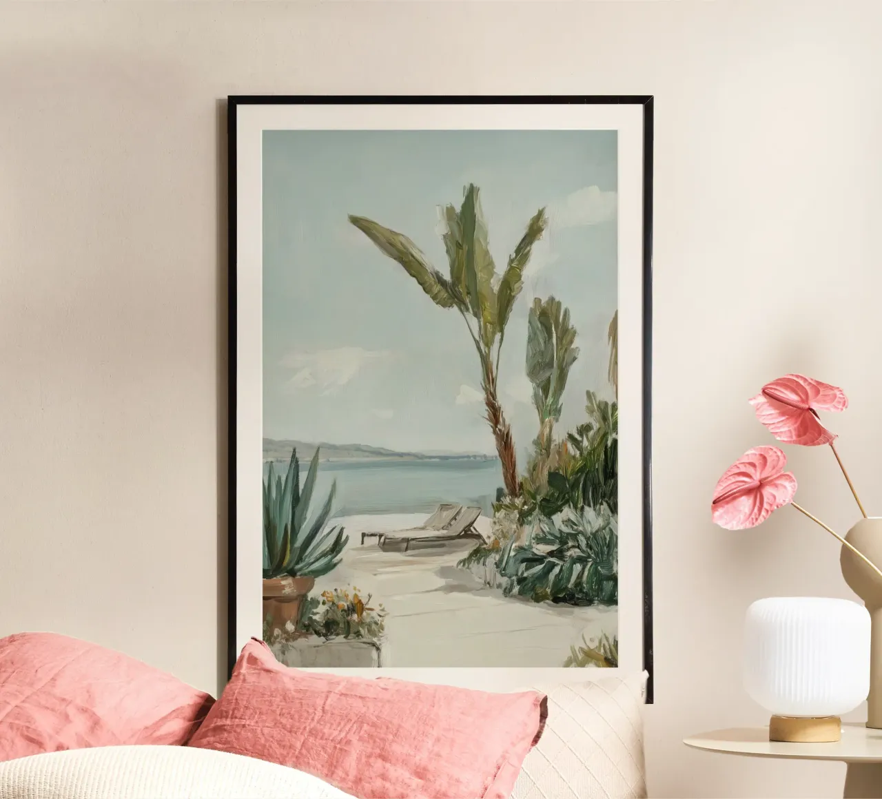 Momenti di vacanza sotto una palma poster con telaio in plastica da Carinaprint