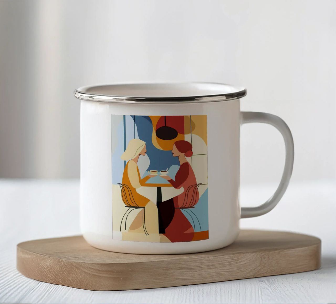 Due donne che si aggiornano tazza in smalto da Caeson