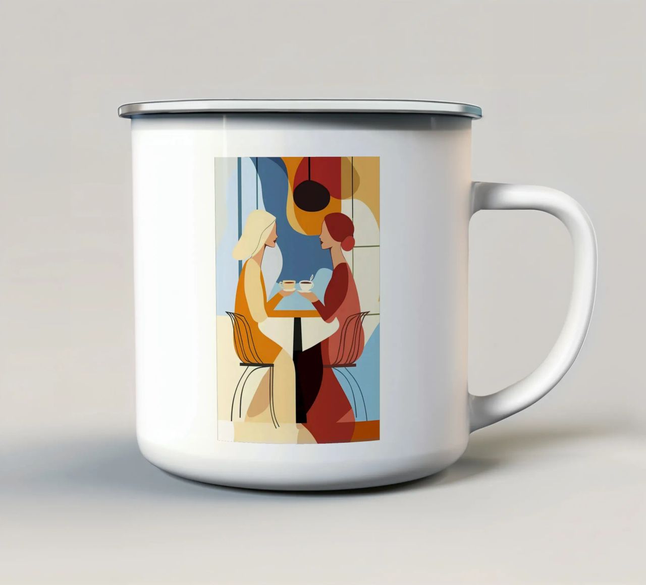 Due donne che si aggiornano tazza in smalto da Caeson