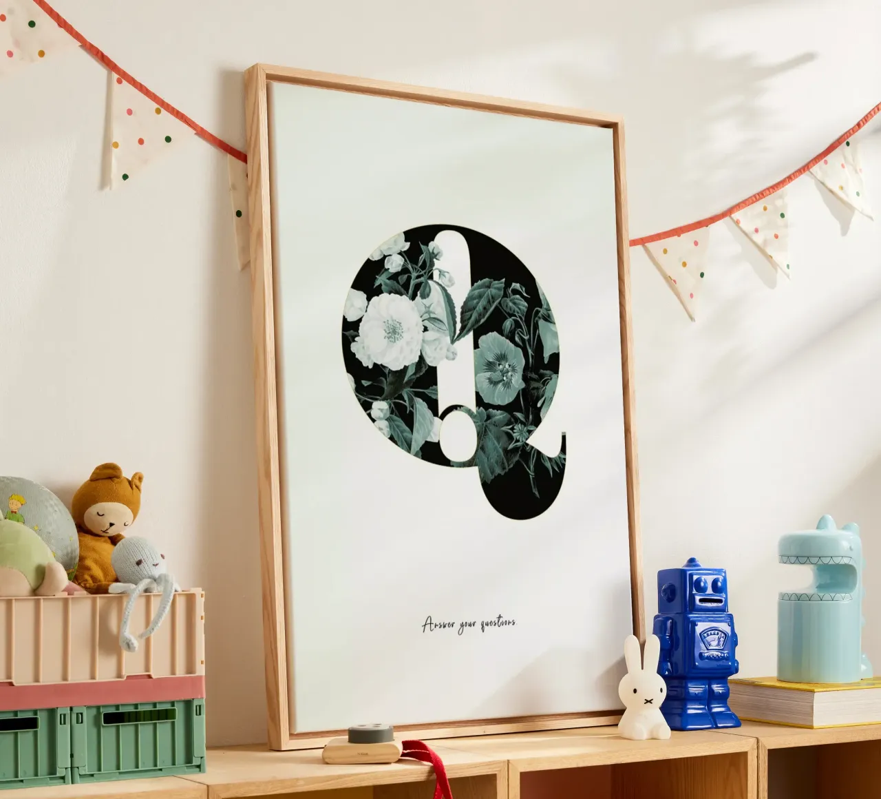 Flower Alphabet - Q canvas with Floater frame by Froilein Juno