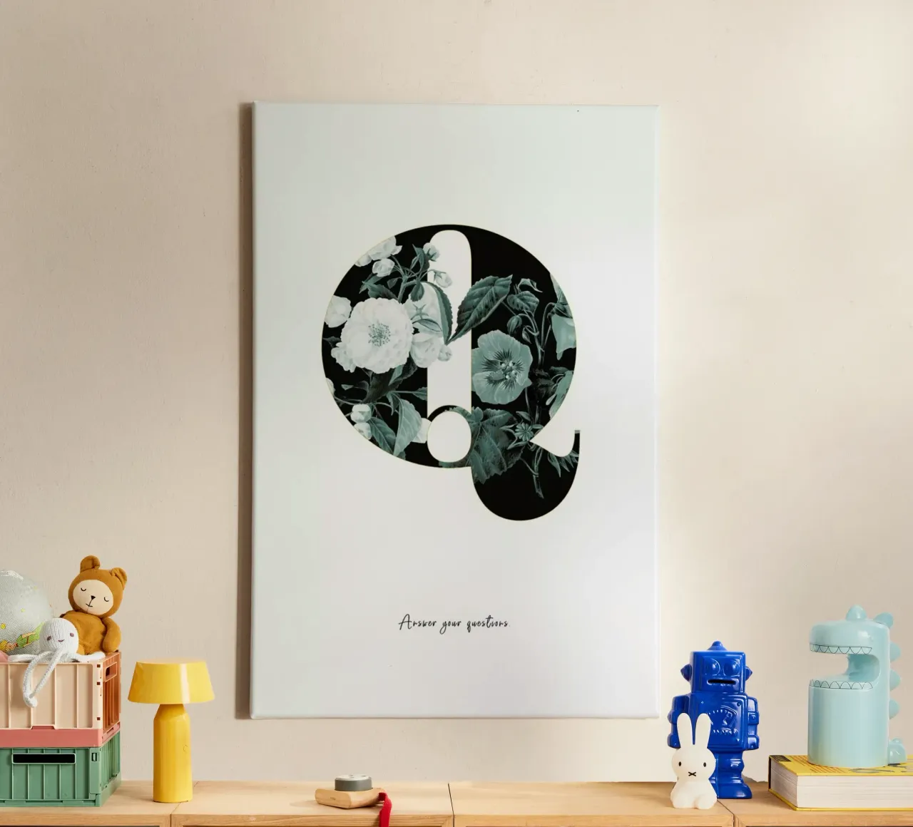 Flower Alphabet - Q canvas with Floater frame by Froilein Juno