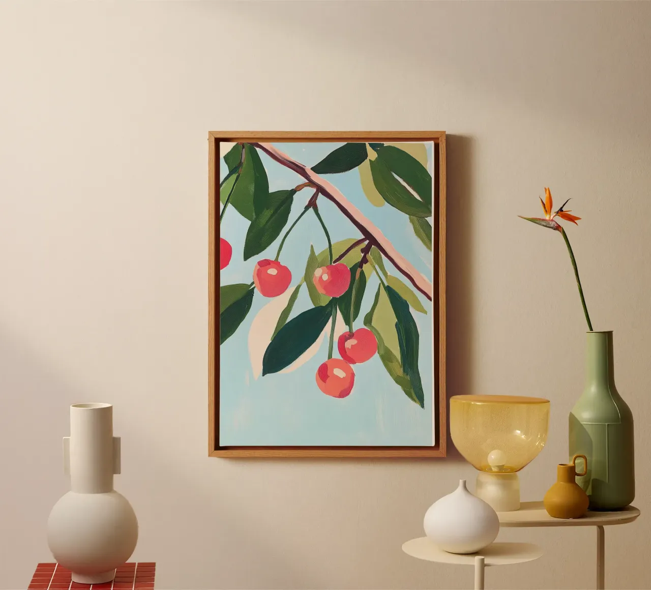 Kirschen Sommer Botanisch Obstmalerei Leinwand mit Schattenfugenrahmen von Euphoria Theresa