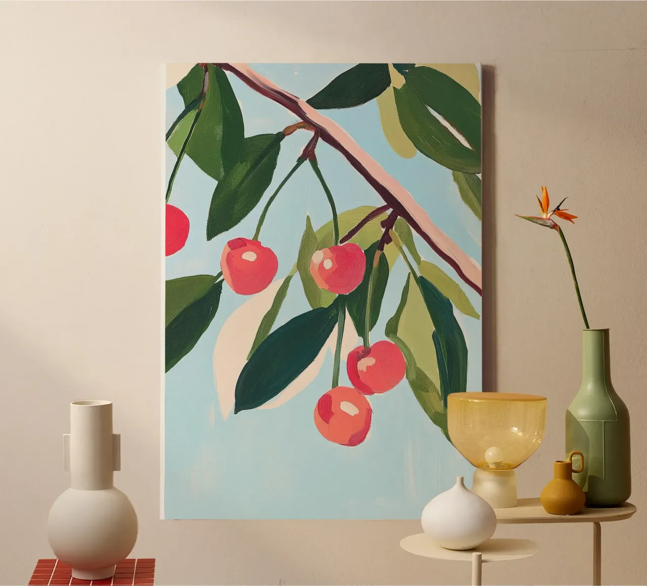 Kirschen Sommer Botanisch Obstmalerei Leinwand mit Schattenfugenrahmen von Euphoria Theresa