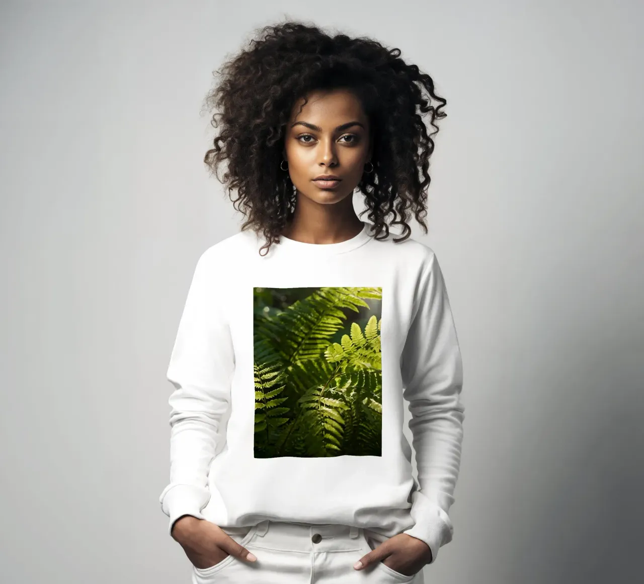 Fougères vertes luxuriantes baignant dans la lumière douce du soleil dans une forêt sereine sweat de DesignDoodle