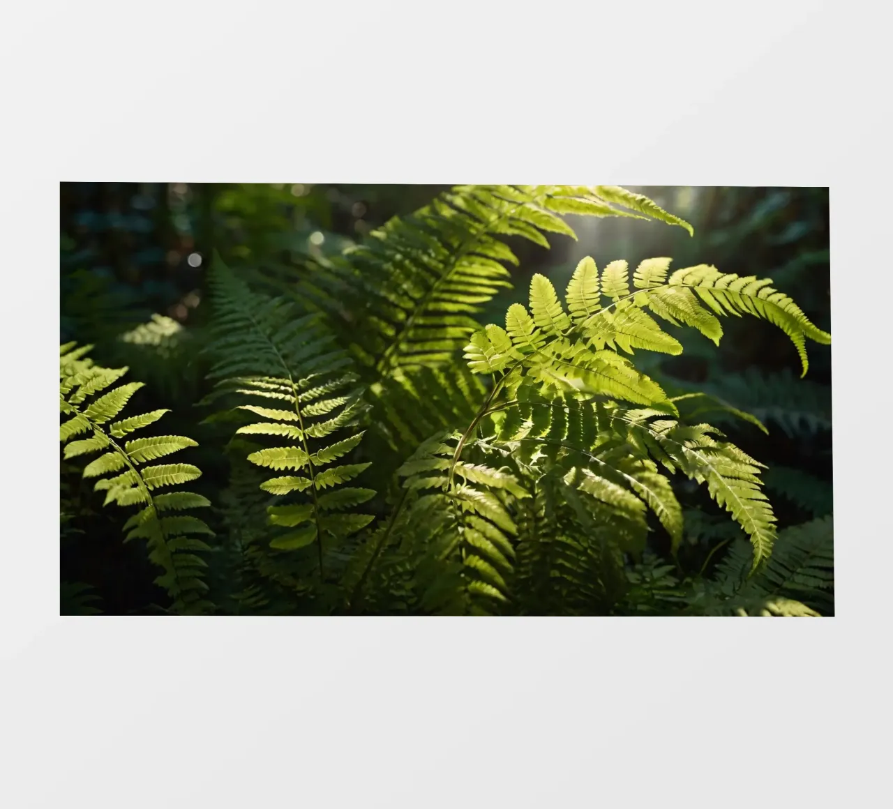 Felci verdi e rigogliose che si crogiolano alla luce del sole in una foresta tranquilla pellicola backlit da DesignDoodle