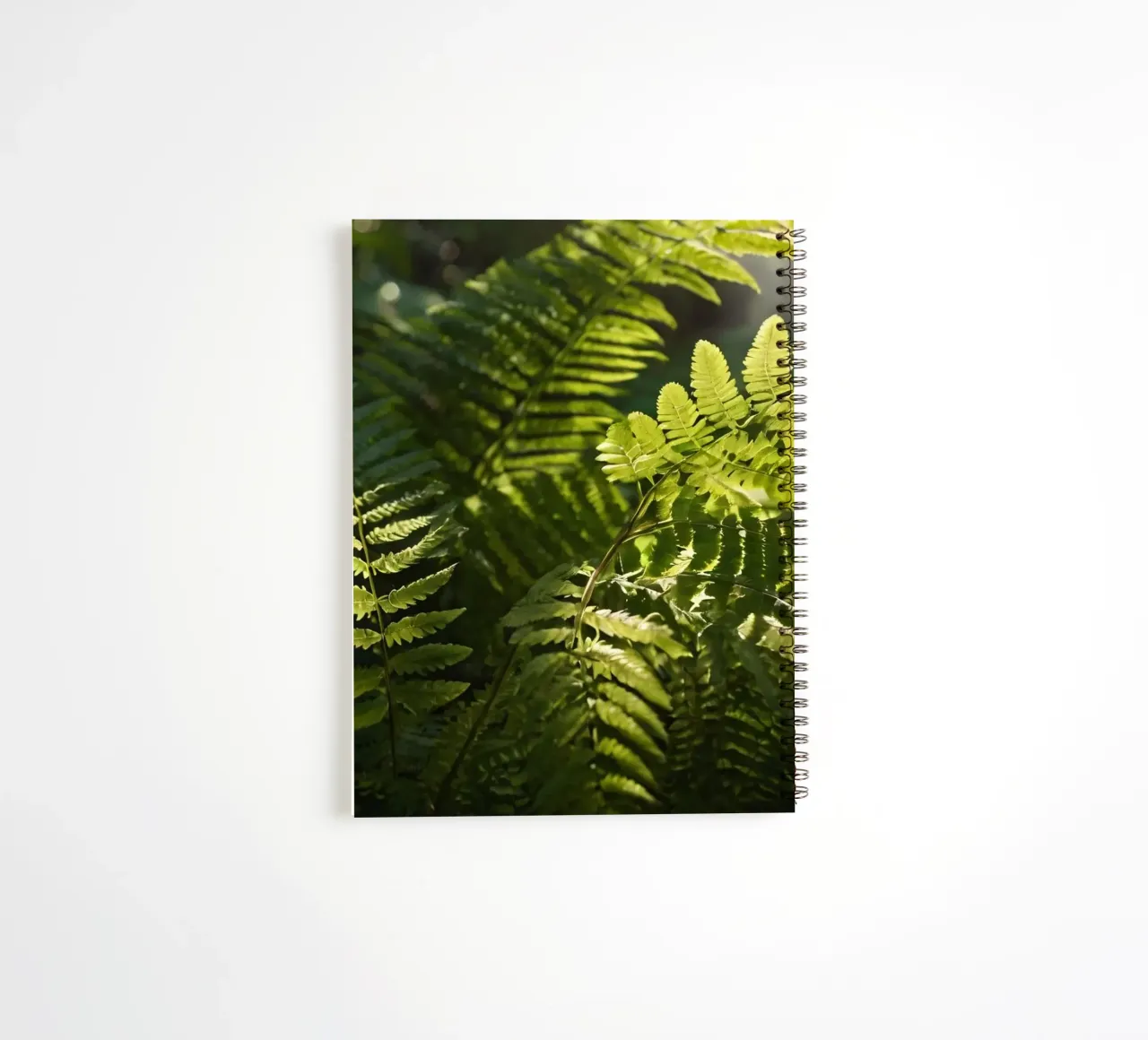 Lush green ferns basking in soft sunlight in a serene forest spiral notebook by DesignDoodle