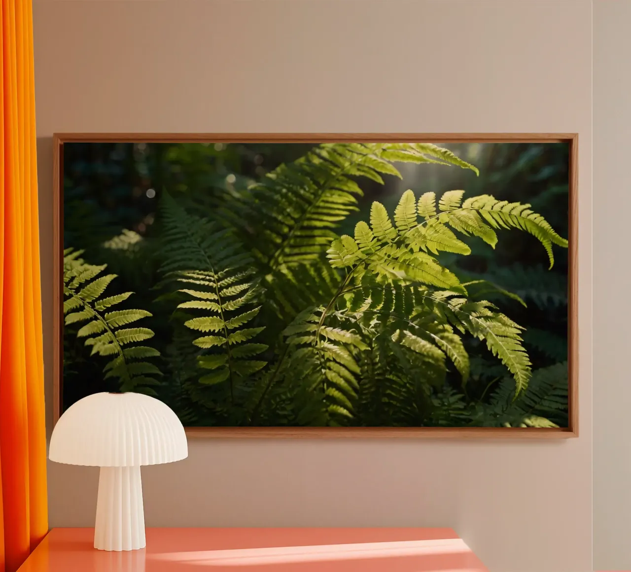 Lush green ferns basking in soft sunlight in a serene forest canvas by DesignDoodle