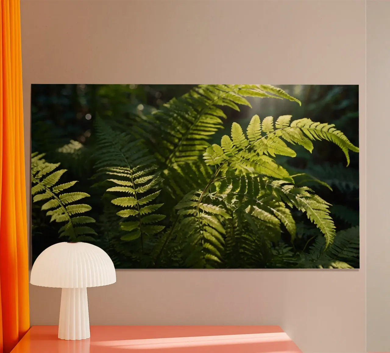 Lush green ferns basking in soft sunlight in a serene forest hahnemühle by DesignDoodle