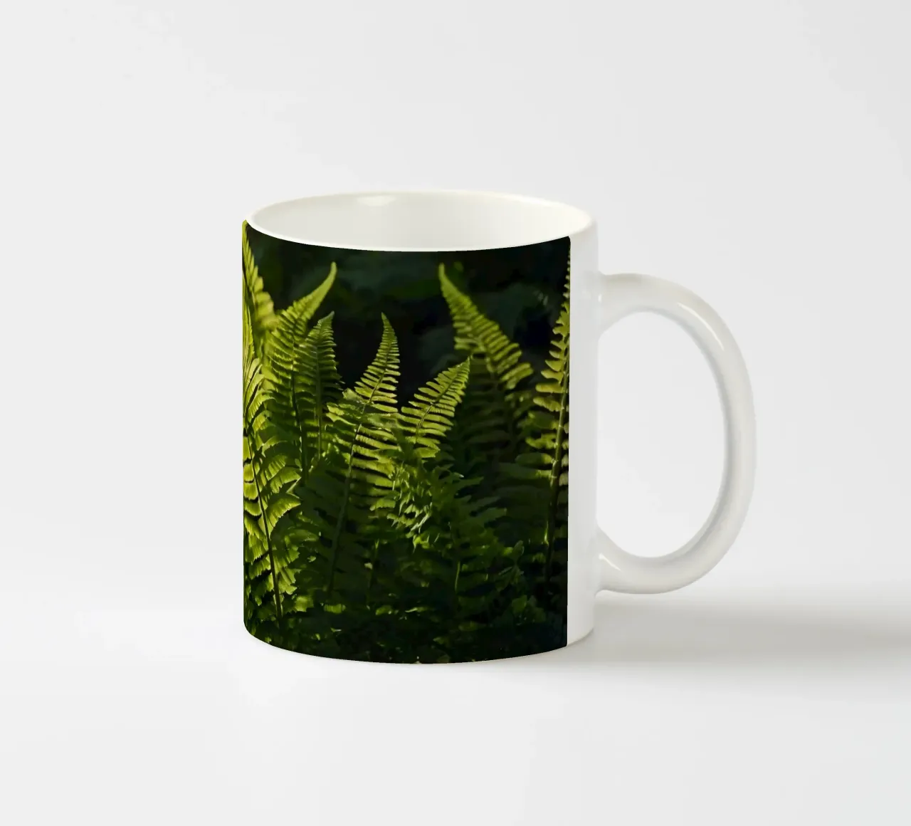 Lush green ferns illuminated by sunlight in a dense forest ceramic mug by DesignDoodle