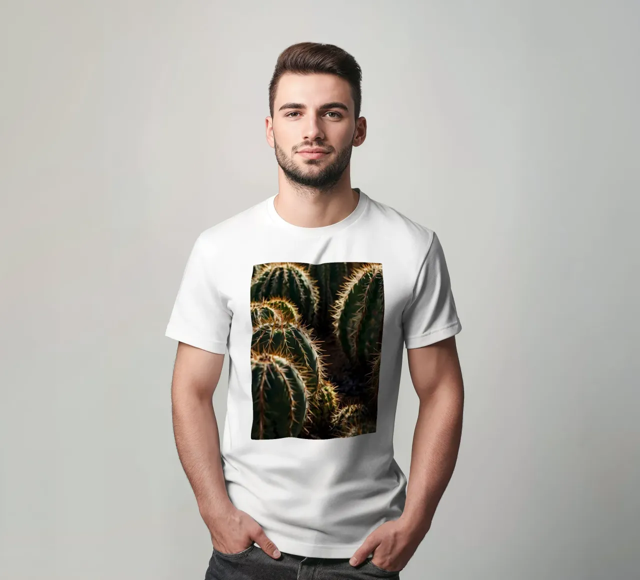 Close-up view of vibrant cacti with prominent spines t-shirt by DesignDoodle
