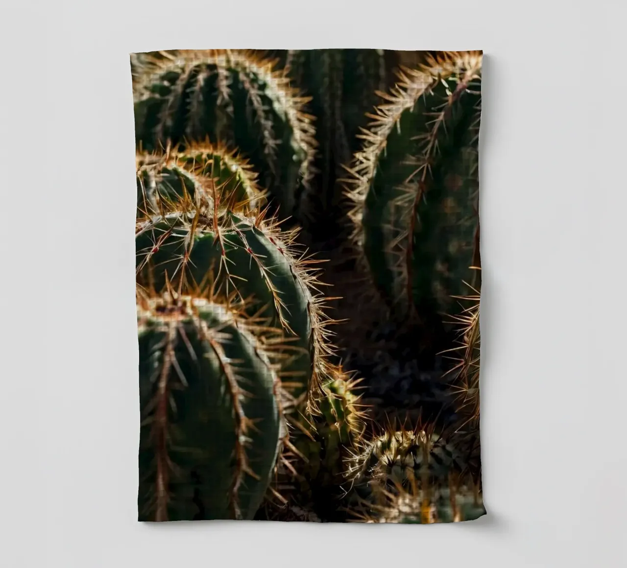 Close-up view of vibrant cacti with prominent spines tea towel by DesignDoodle