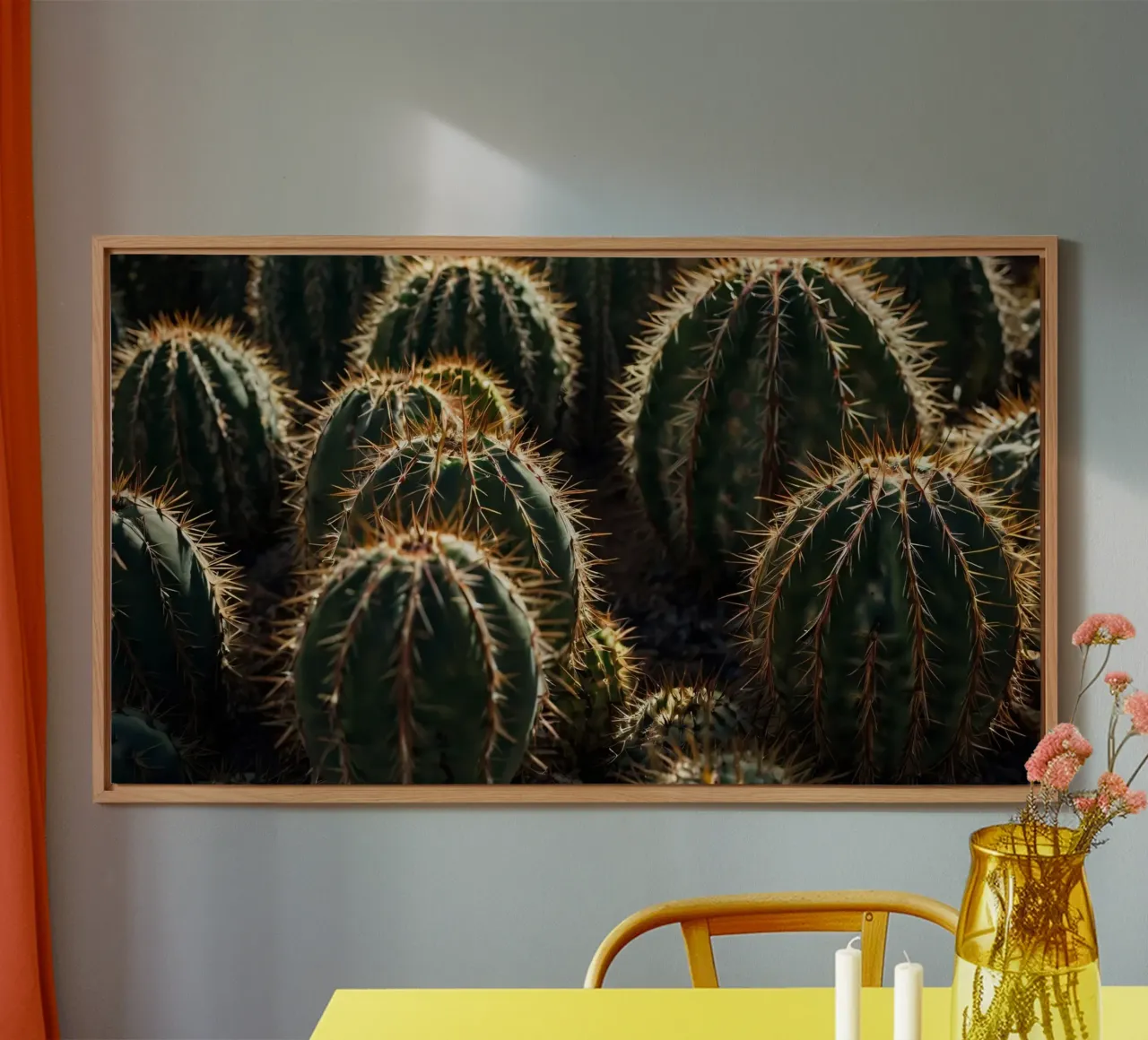Close-up view of vibrant cacti with prominent spines alu-dibond by DesignDoodle
