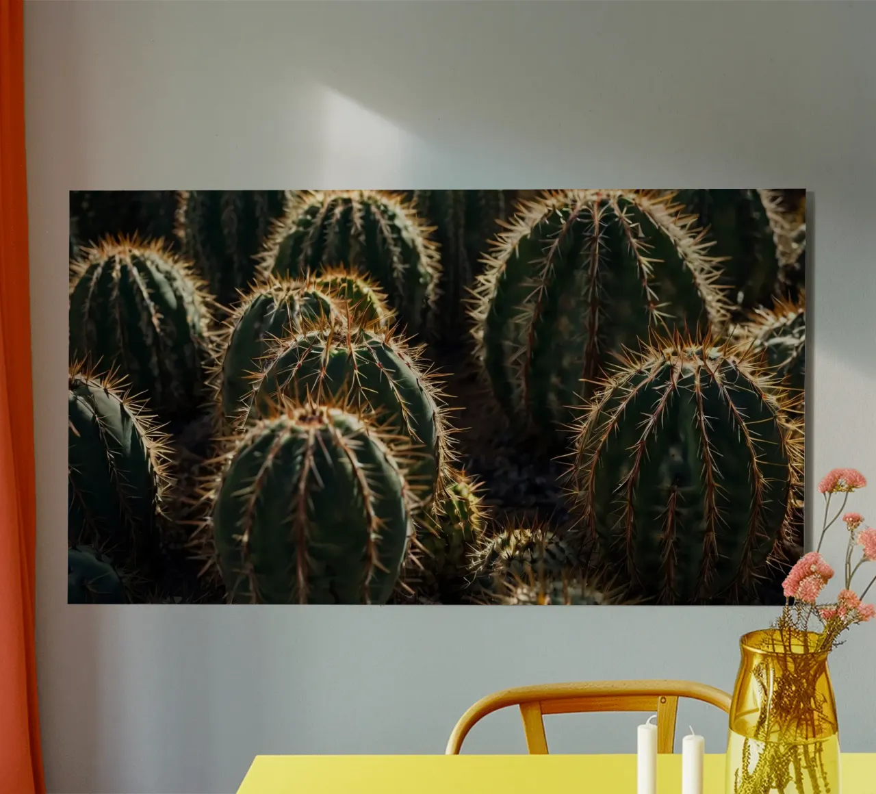 Close-up view of vibrant cacti with prominent spines alu-dibond by DesignDoodle