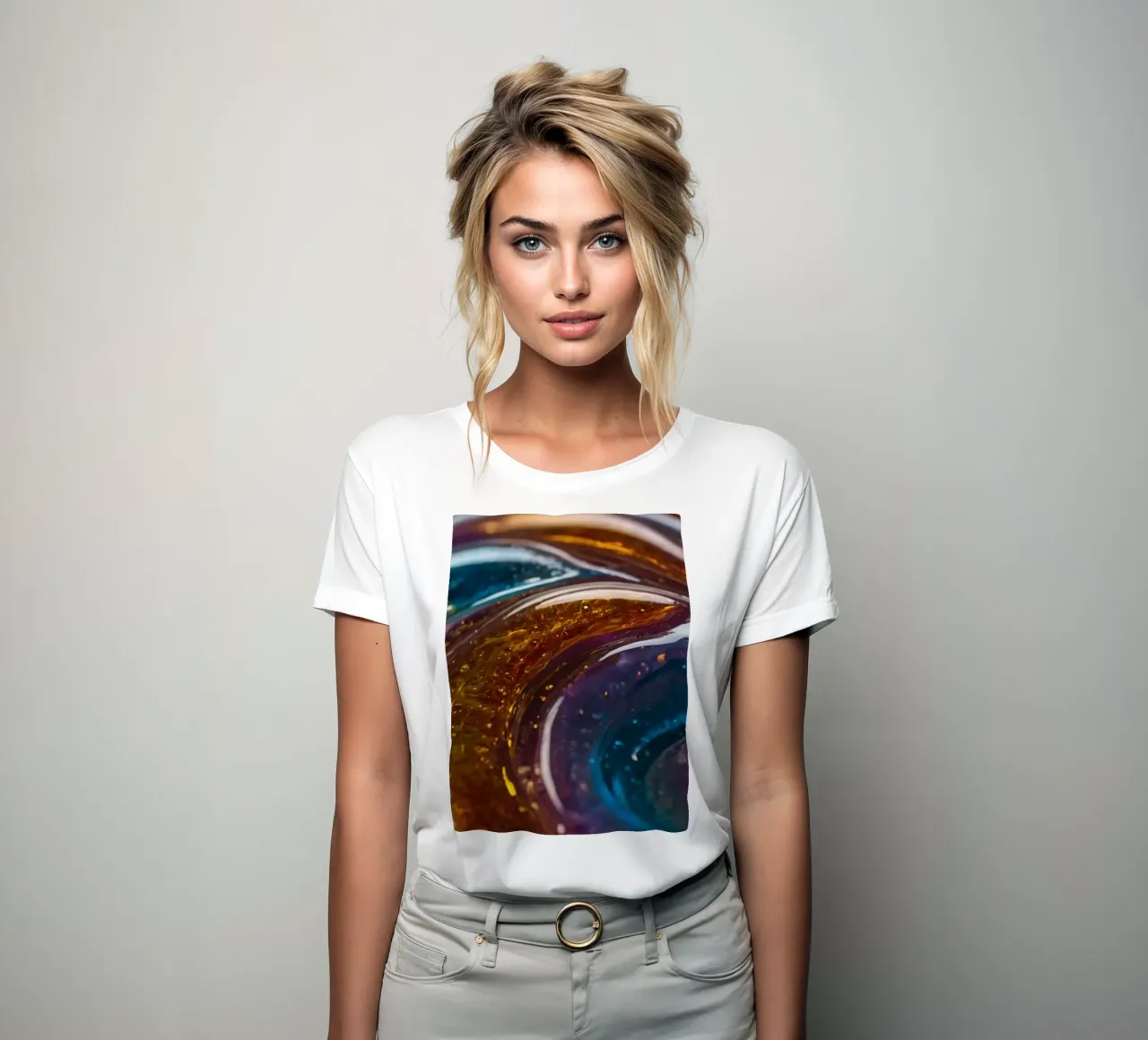 Swirling colors and textures in a close-up view of women's fitted t-shirt by DesignDoodle