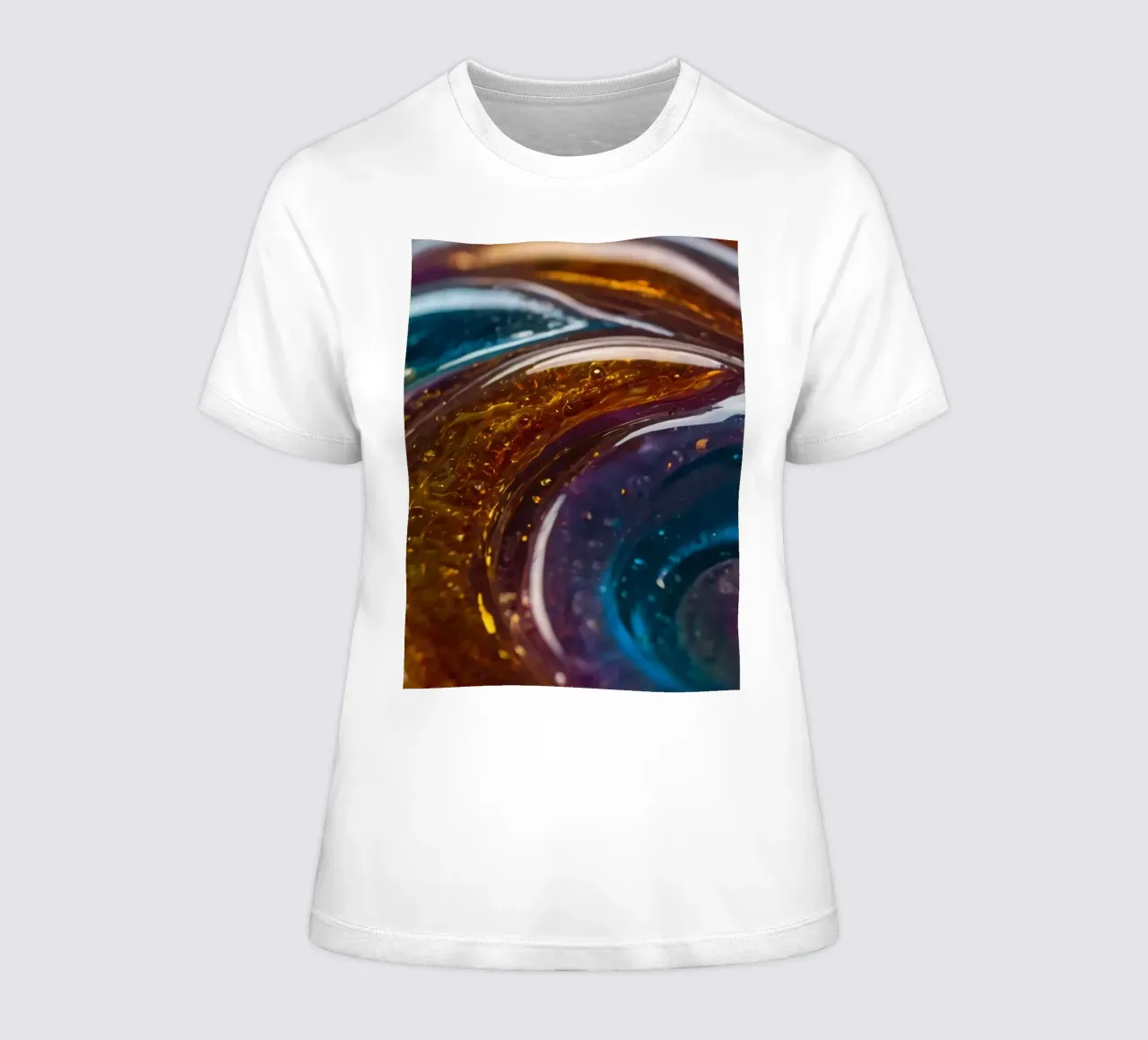 Swirling colors and textures in a close-up view of women's fitted t-shirt by DesignDoodle