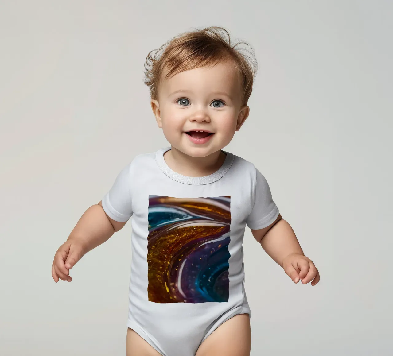 Swirling colors and textures in a close-up view of short-sleeve baby romper by DesignDoodle