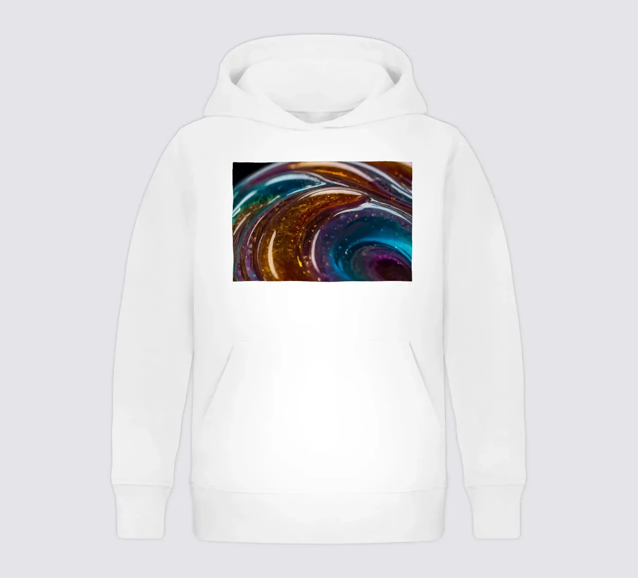 Colori e texture vorticosi in una vista ravvicinata di felpa bambino con cappuccio da DesignDoodle